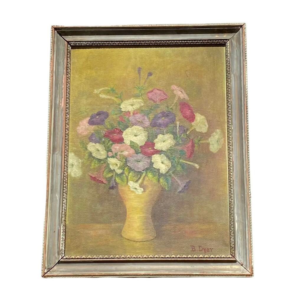 Early 20th Century “Petunias Floral Still Life” Oil Painting on Board Signed - Picture 13 of 13